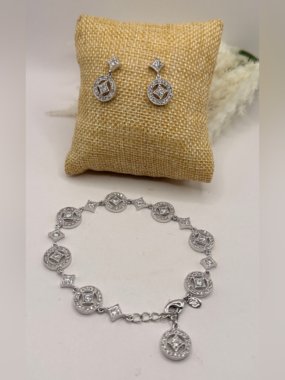 Vintage Silver Cubic Zirconia Circle Drop Earrings and Bracelet Set